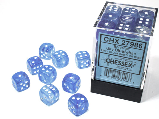 Chessex: Borealis Sky Blue/white Luminary 12mm d6 Dice Block (36 dice)