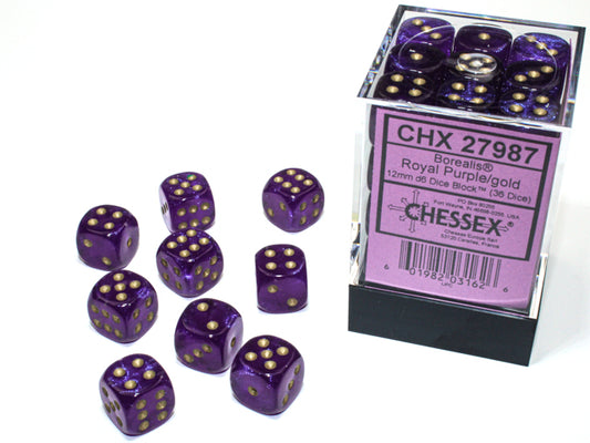 Chessex: Borealis Royal Purple/gold Luminary 12mm d6 Dice Block (36 dice)