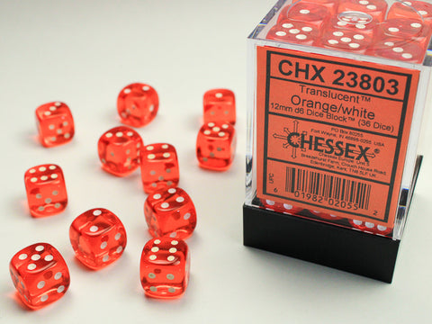 Chessex: Translucent Orange/white 12mm d6 Dice Block (36 dice)