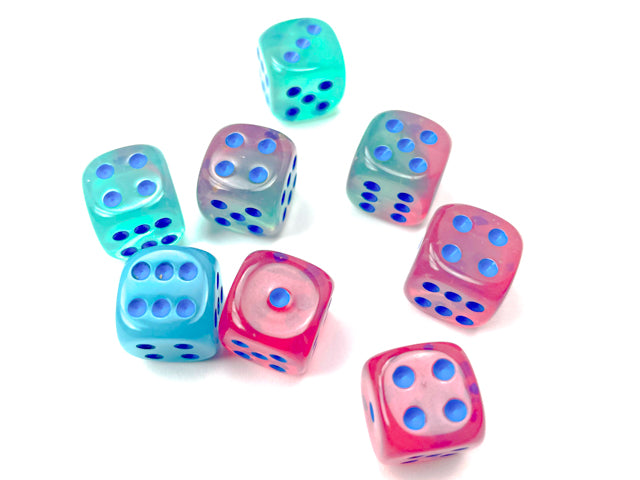 Chessex: Gemini Gel Green-Pink/blue Luminary 12mm d6 Dice Block (36 dice)