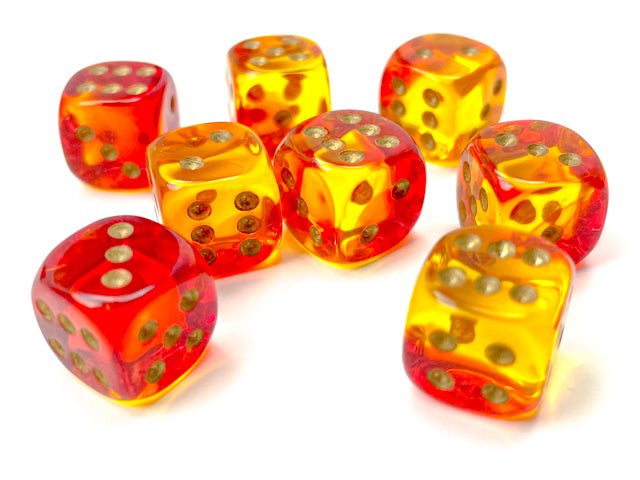 Chessex: Gemini Translucent Red-Yellow/gold 12mm d6 Dice Block (36 dice)