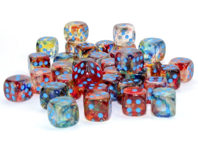 Chessex: Nebula Primary/blue Luminary 12mm d6 Dice Block (36 dice)