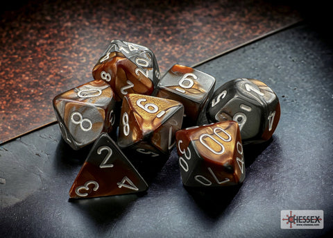 Gemini Copper-Steel/white Polyhedral 7-Dice Set