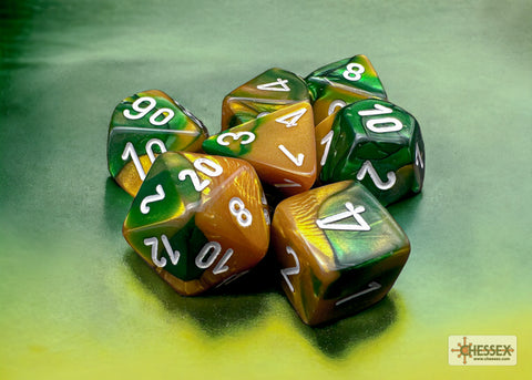 Gemini Gold-Green/white Polyhedral 7-Dice Set