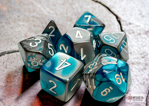 Gemini Steel-Teal/white Polyhedral 7-Dice Set