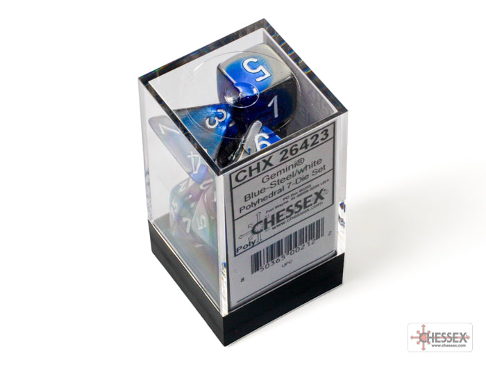 Gemini Blue-Steel/white Polyhedral 7-Dice Set