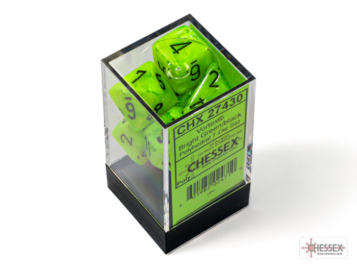 Chessex: Vortex Bright Green/black Polyhedral 7-Dice Set