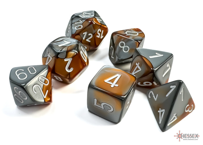 Gemini Copper-Steel/white Polyhedral 7-Dice Set