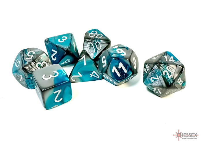 Gemini Steel-Teal/white Polyhedral 7-Dice Set