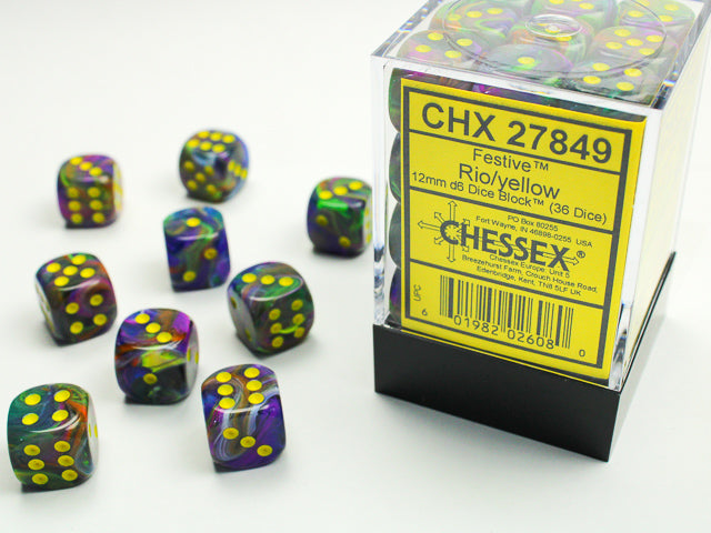 Chessex: Festive Rio/yellow 12mm d6 Dice Block (36 dice)