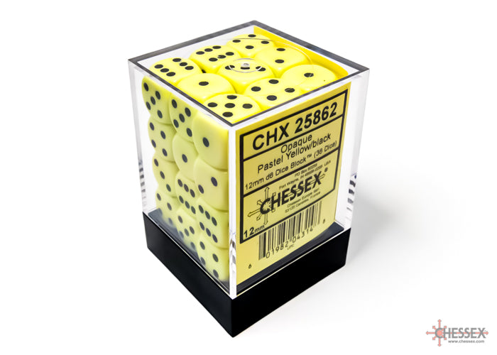Chessex: Opaque Pastel Yellow/black 12mm d6 Dice Block (36 dice)
