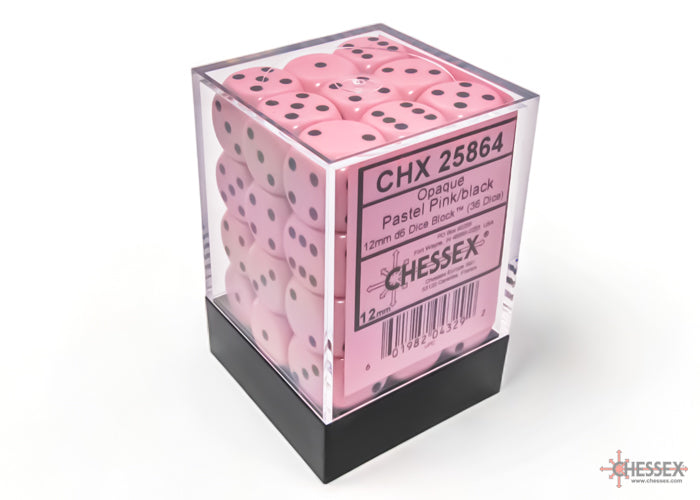 Chessex: Opaque Pastel Pink/black 12mm d6 Dice Block (36 dice)