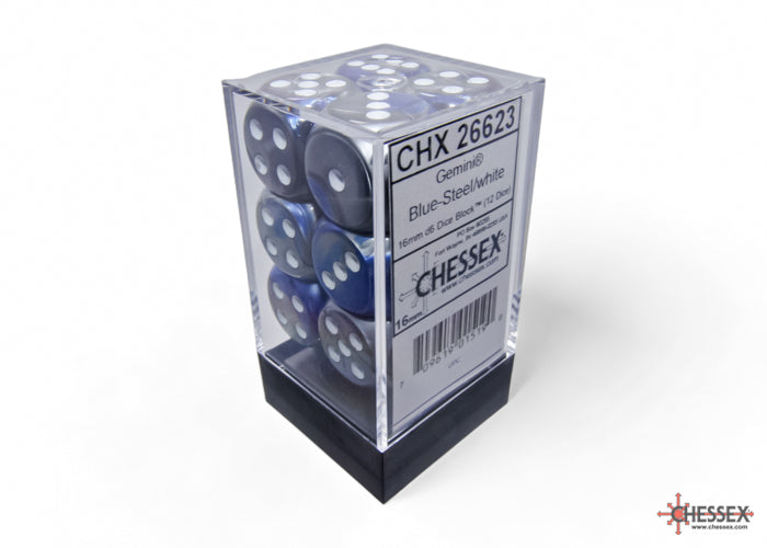 Chessex: Gemini Blue-Steel/white 16mm d6 Dice Block