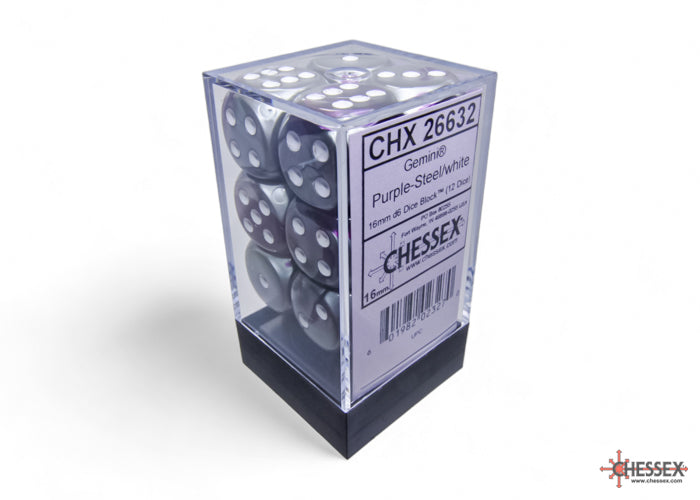 Chessex: Gemini Purple-Steel/white 16mm d6 Dice Block