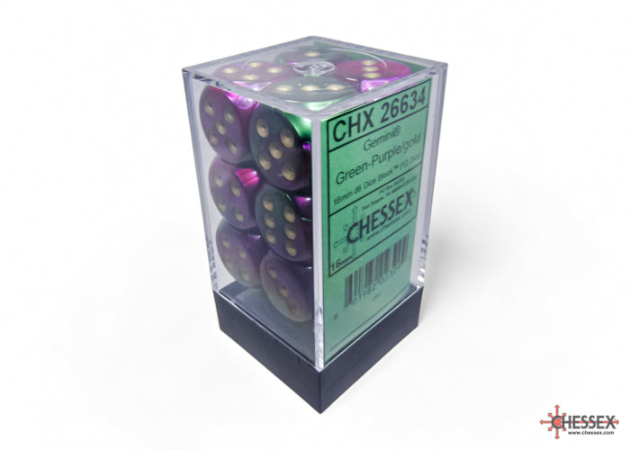 Chessex: Gemini Green-Purple/gold 16mm d6 Dice Block