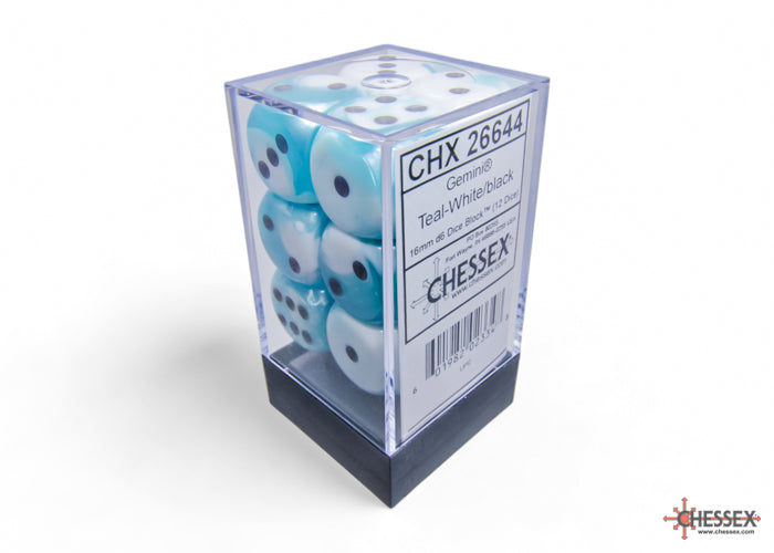 Chessex: Gemini Teal-White/black 16mm d6 Dice Block