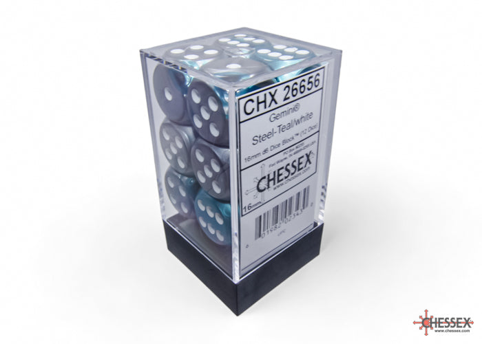 Chessex: Gemini Steel-Teal/white 16mm d6 Dice Block