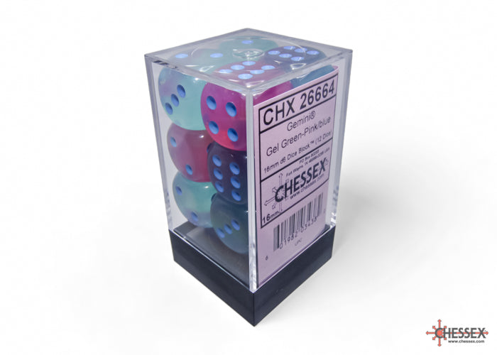 Chessex: Gemini Gel Green-Pink/blue Luminary 16mm d6 Dice Block