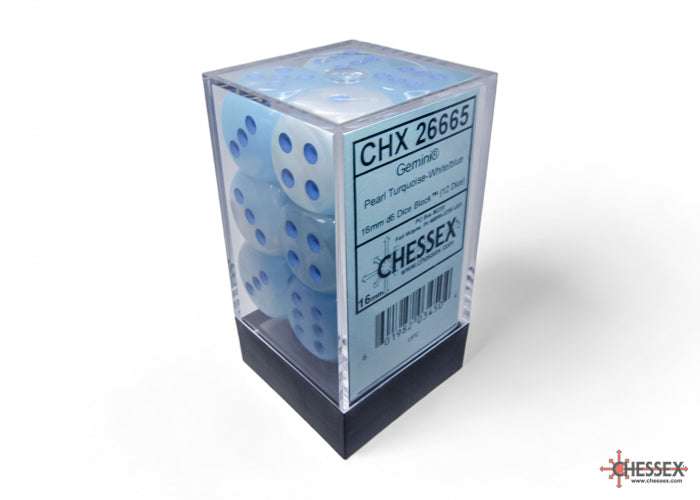 Chessex: Gemini Pearl Turquoise-White/blue Luminary 16mm d6 Dice Block