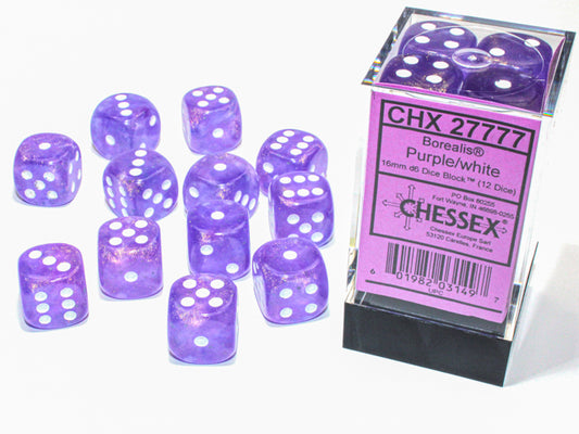 Chessex: Borealis Purple/white Luminary 16mm d6 Dice Block