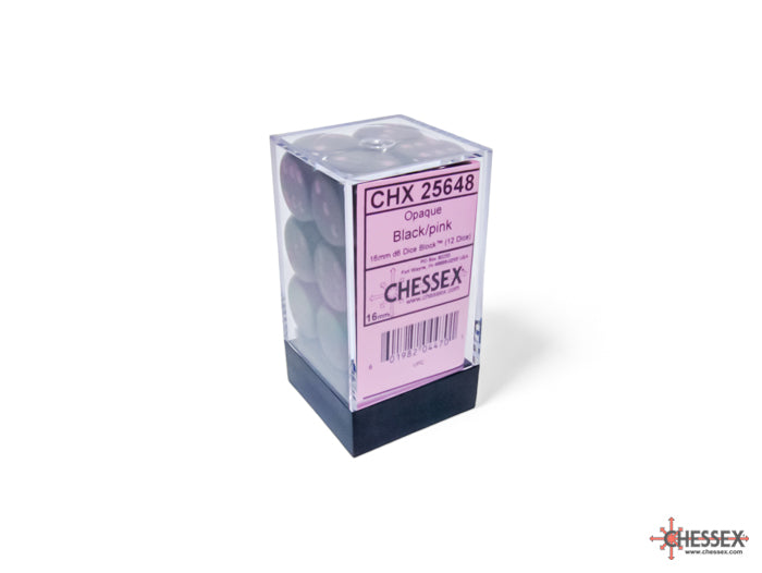 Chessex: Opaque Black/pink 16mm d6 Dice Block