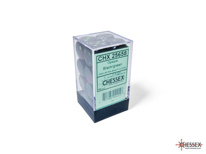 Chessex: Opaque Black/green 16mm d6 Dice Block