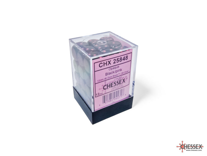 Chessex: Opaque Black/pink 12mm d6 Dice Block (36 dice)