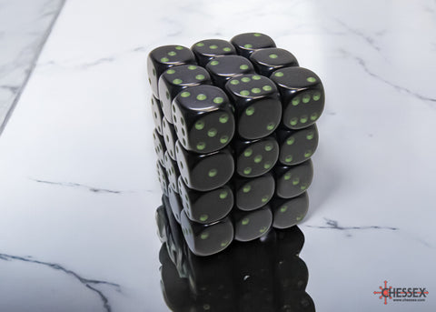 Chessex: Opaque Black/green 12mm d6 Dice Block (36 dice)