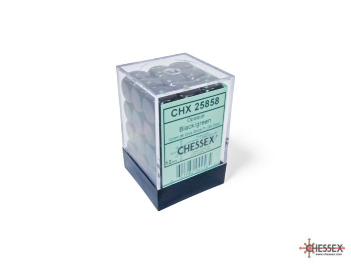 Chessex: Opaque Black/green 12mm d6 Dice Block (36 dice)