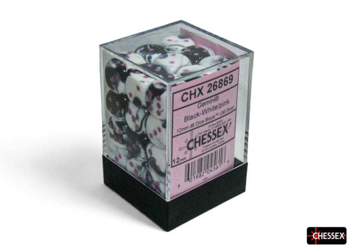 Chessex: Gemini Black-White/pink 12mm d6 Dice Block (36 dice)