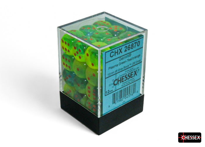 Chessex: Gemini Plasma Green-Teal/orange Luminary 12mm d6 Dice Block (36 dice)