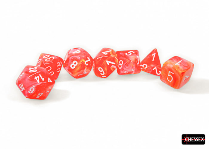 Festive Dahlia/white Luminary Polyhedral 7-Dice Set
