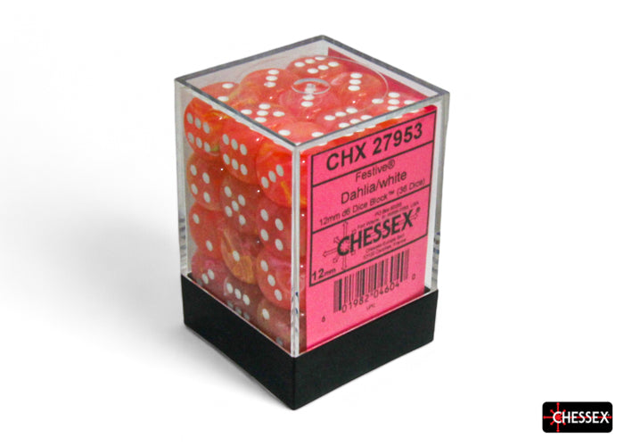 Chessex: Festive Dahlia/white Luminary 12mm d6 Dice Block (36 dice)