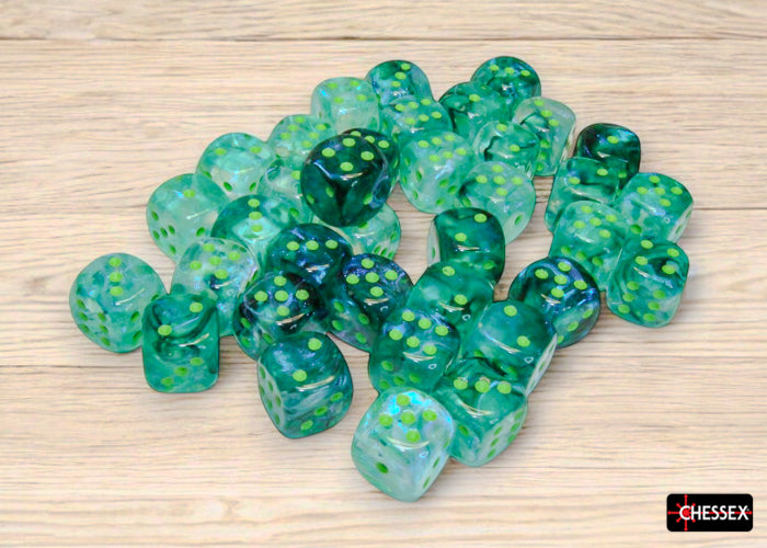 Chessex: Borealis Kelp/light green Luminary 12mm d6 Dice Block (36 dice)