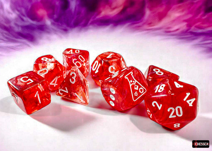 Borealis Passion/white Luminary Polyhedral 7-Dice Set (with bonus die)