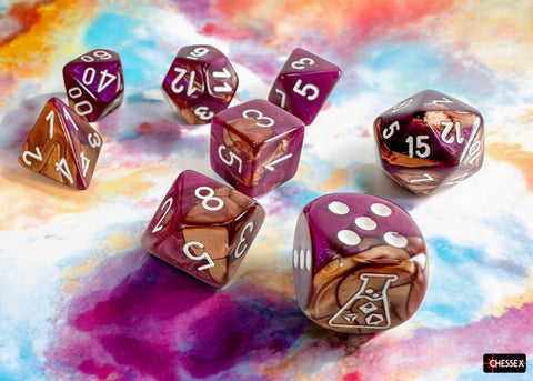 Gemini Copper-Purple/white Polyhedral 7-Dice Set (with bonus die)