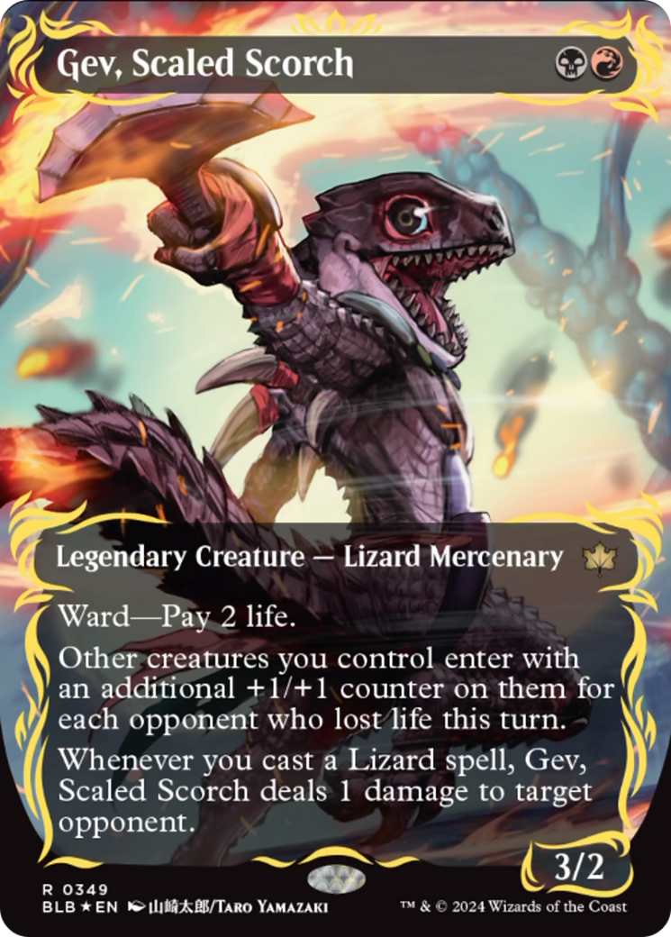 Gev, Scaled Scorch (Borderless) (Raised Foil) [Bloomburrow] | The Clever Kobold