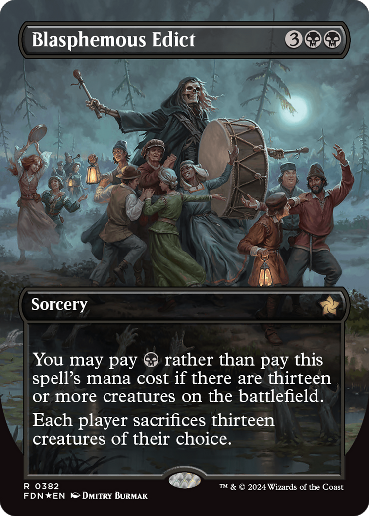 Blasphemous Edict (Borderless) (Mana Foil) [Foundations] | The Clever Kobold