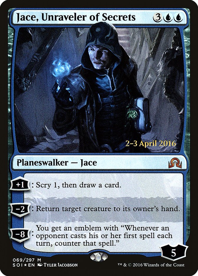 Jace, Unraveler of Secrets [Shadows over Innistrad Prerelease Promos] | The Clever Kobold