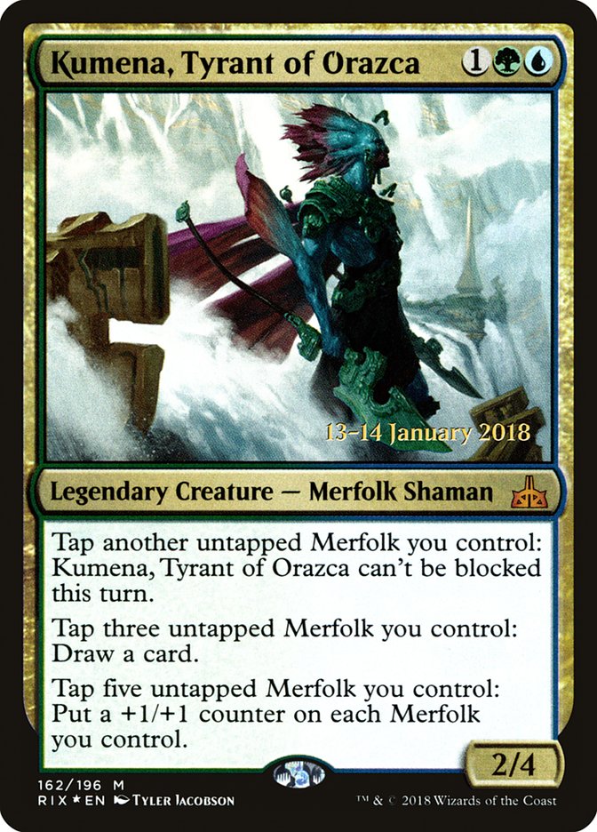 Kumena, Tyrant of Orazca [Rivals of Ixalan Prerelease Promos] | The Clever Kobold