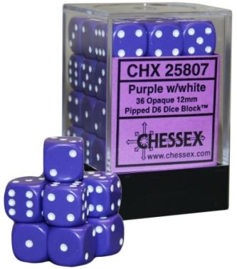Chessex: Opaque Purple/white 12mm d6 Dice Block (36 dice)