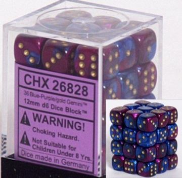 Chessex: Gemini Blue-Purple/gold 12mm d6 Dice Block (36 dice)