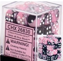Chessex: Gemini Black-Pink/white 12mm d6 Dice Block (36 dice)