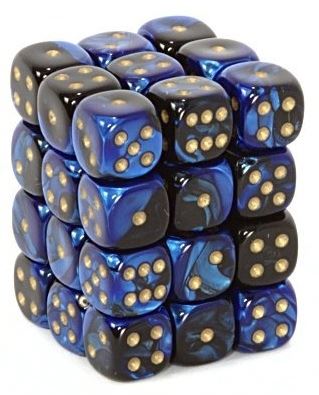 Chessex: Gemini Black-Blue/gold 12mm d6 Dice Block (36 dice)