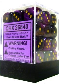 Chessex: Gemini Black-Purple/gold 12mm d6 Dice Block (36 dice)