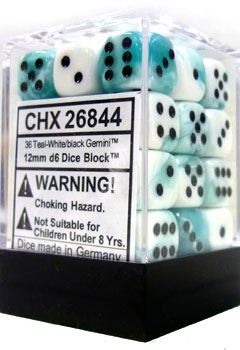 Chessex: Gemini Teal-White/black 12mm d6 Dice Block (36 dice)