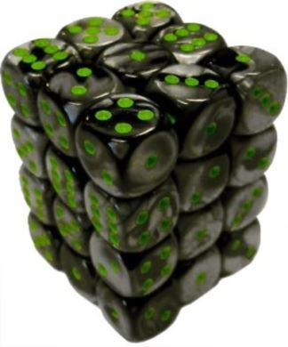 Chessex: Gemini Black-Grey/green 12mm d6 Dice Block (36 dice)