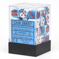 Chessex: Gemini Astral Blue-White/red 12mm d6 Dice Block (36 dice)