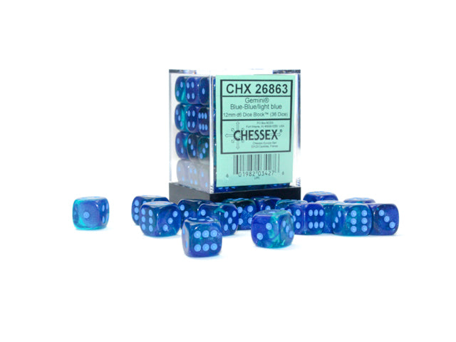Chessex: Gemini Blue-Blue/light blue Luminary 12mm d6 Dice Block (36 dice)