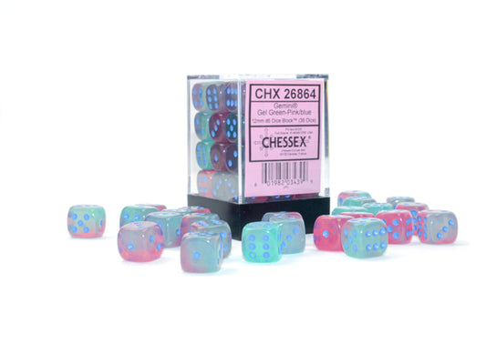 Chessex: Gemini Gel Green-Pink/blue Luminary 12mm d6 Dice Block (36 dice)